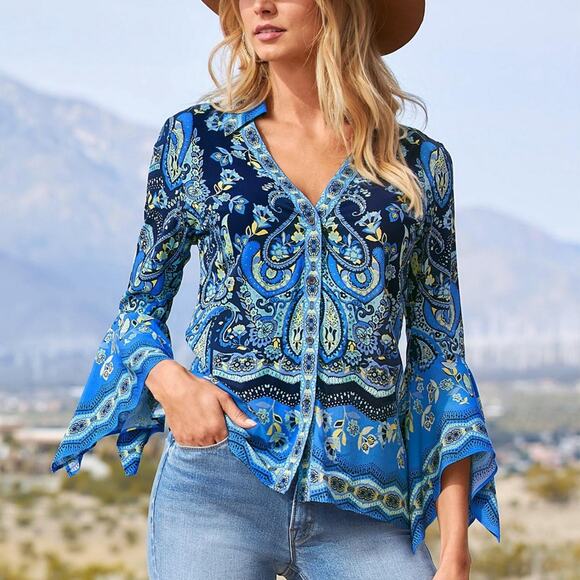 Boston Proper Border Print Flare Sleeve Blouse L Blue Paisley - Picture 6 of 6